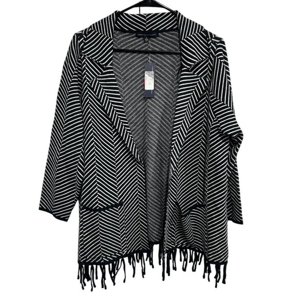 Adrienne Vittadini NWT Black White Striped Fringe Open Front Cardigan Jacket 1X - Picture 1 of 9